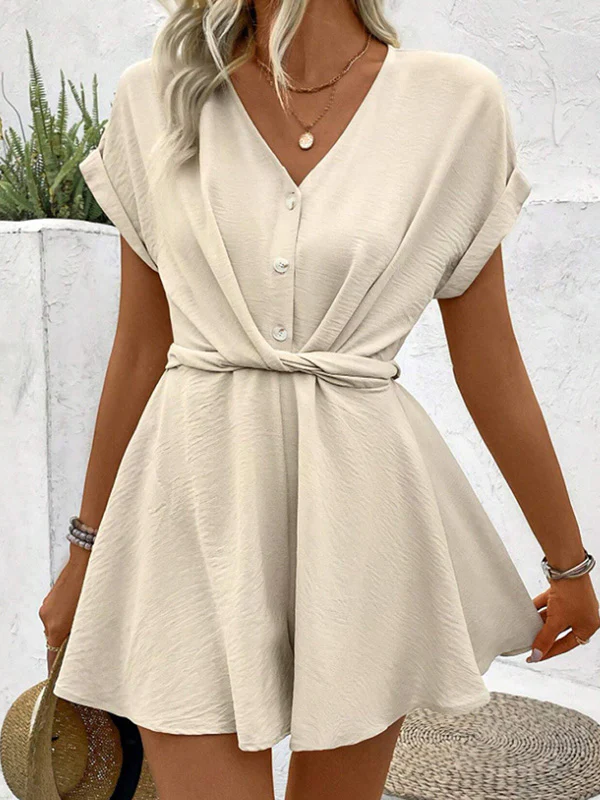 Loose Raglan Sleeve Pleated Solid Color Split-Joint V-Neck Rompers - Image 6