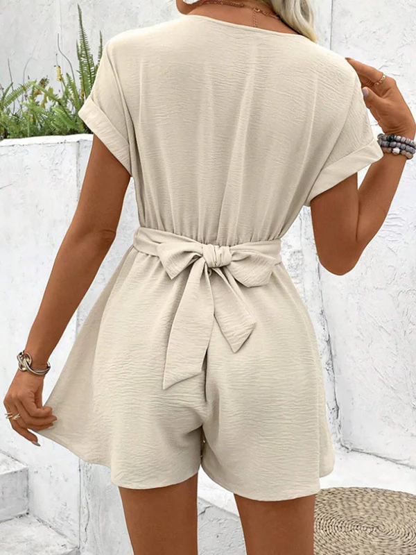 Loose Raglan Sleeve Pleated Solid Color Split-Joint V-Neck Rompers - Image 7