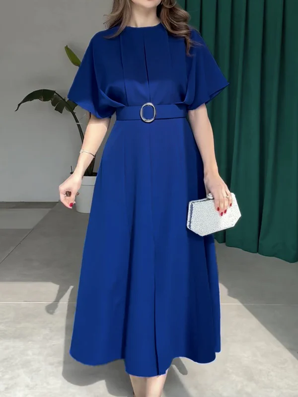 Loose Raglan Sleeve Pleated Split-Front Split-Joint Tied Waist Round-Neck Maxi Dresses - Image 2