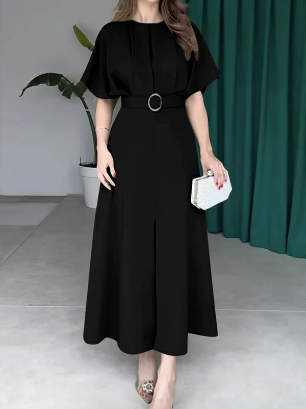 Loose Raglan Sleeve Pleated Split-Front Split-Joint Tied Waist Round-Neck Maxi Dresses - Image 3