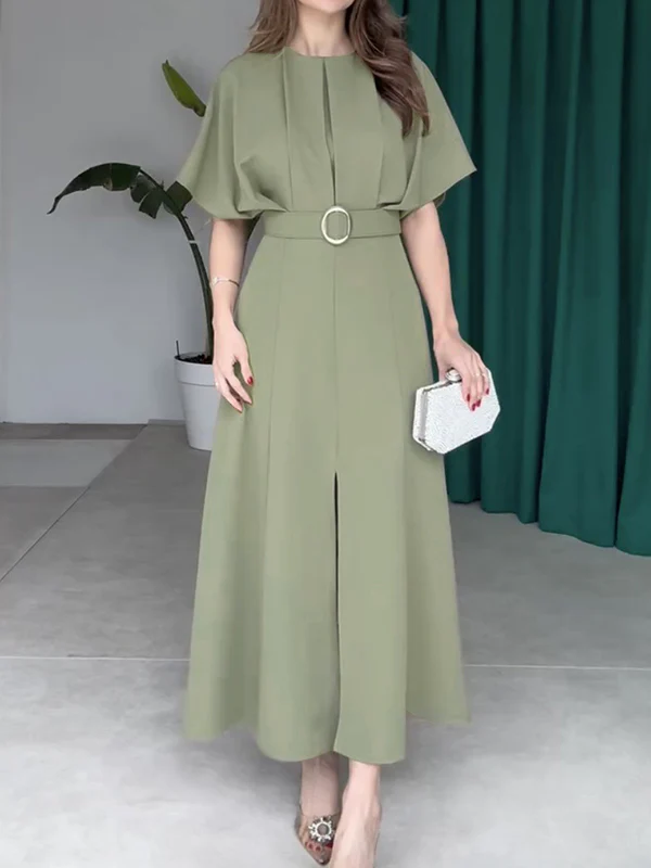 Loose Raglan Sleeve Pleated Split-Front Split-Joint Tied Waist Round-Neck Maxi Dresses - Image 4