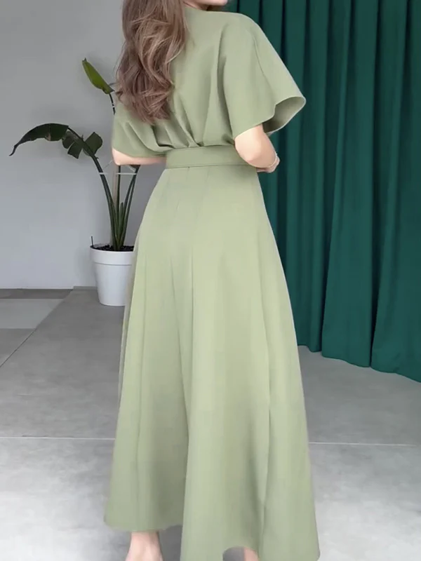 Loose Raglan Sleeve Pleated Split-Front Split-Joint Tied Waist Round-Neck Maxi Dresses - Image 5