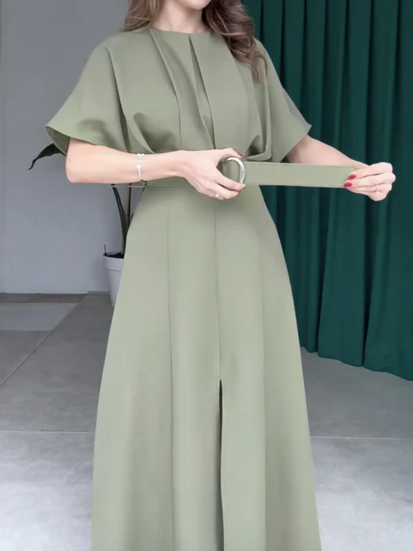 Loose Raglan Sleeve Pleated Split-Front Split-Joint Tied Waist Round-Neck Maxi Dresses - Image 6