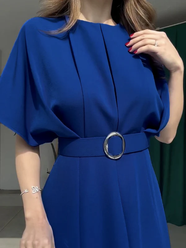 Loose Raglan Sleeve Pleated Split-Front Split-Joint Tied Waist Round-Neck Maxi Dresses - Image 7