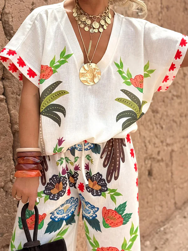 Loose Raglan Sleeve Printed Split-Joint V-Neck Blouses&Shirts Tops - Image 2