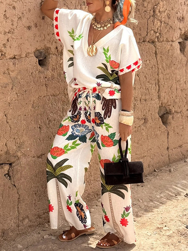 Loose Raglan Sleeve Printed Split-Joint V-Neck Blouses&Shirts Tops - Image 4