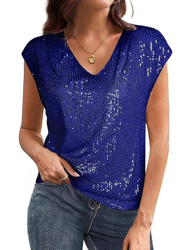 Loose Raglan Sleeve Sequined Solid Color V-Neck T-Shirts Tops - Image 10