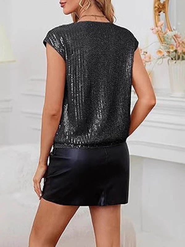 Loose Raglan Sleeve Sequined Solid Color V-Neck T-Shirts Tops - Image 17
