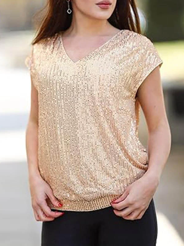 Loose Raglan Sleeve Sequined Solid Color V-Neck T-Shirts Tops - Image 3