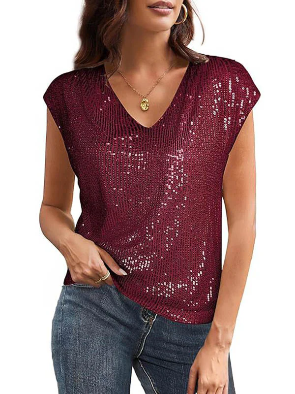 Loose Raglan Sleeve Sequined Solid Color V-Neck T-Shirts Tops - Image 6