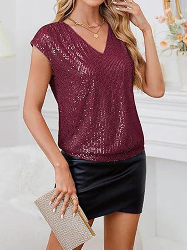 Loose Raglan Sleeve Sequined Solid Color V-Neck T-Shirts Tops - Image 8