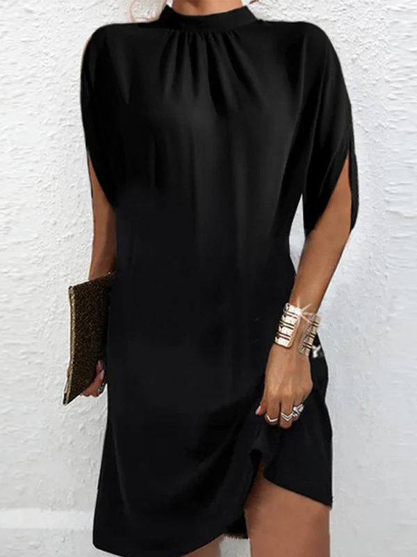 Loose Raglan Sleeve Solid Color Mock Neck Mini Dresses - Image 2