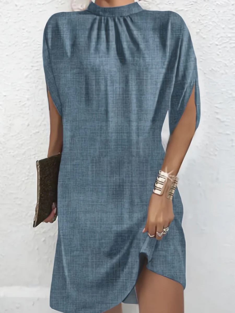 Loose Raglan Sleeve Solid Color Mock Neck Mini Dresses - Image 6