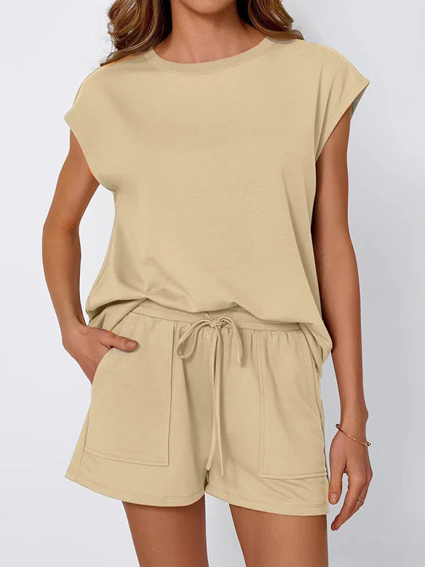 Loose Raglan Sleeve Solid Color Split-Joint Round-Neck T-Shirt + Drawstring Elasticity Shorts Two Pieces Set - Image 2