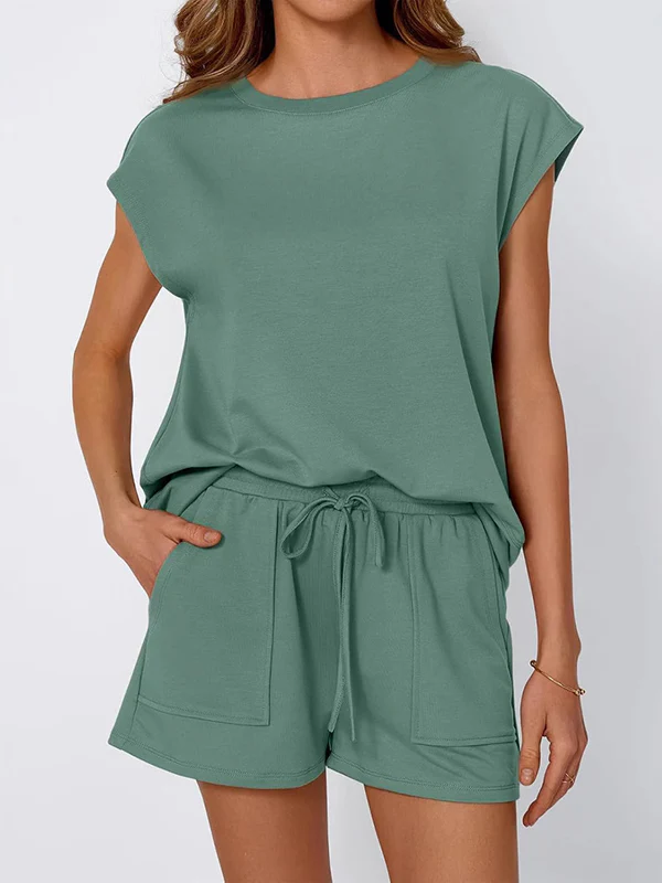 Loose Raglan Sleeve Solid Color Split-Joint Round-Neck T-Shirt + Drawstring Elasticity Shorts Two Pieces Set - Image 3