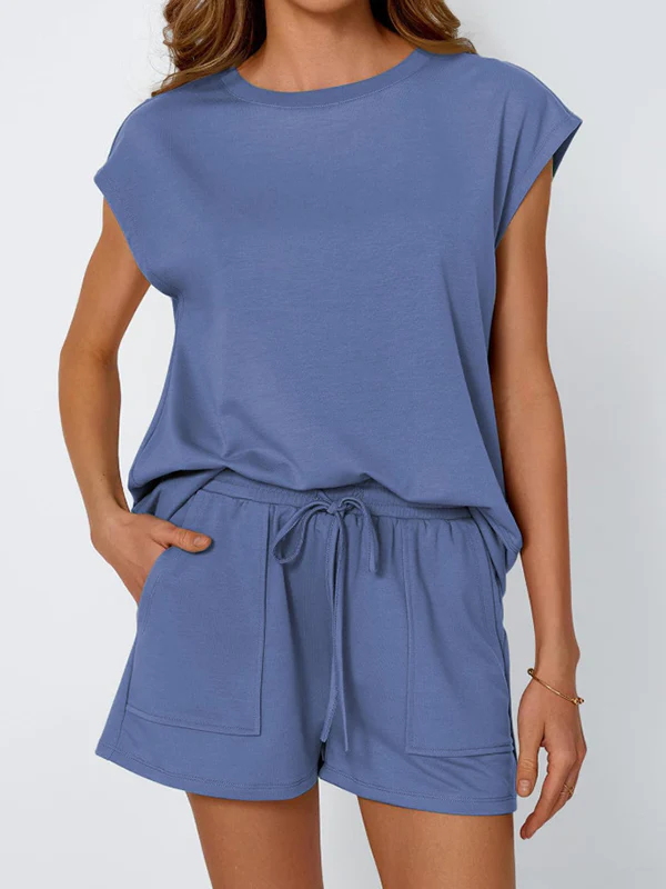 Loose Raglan Sleeve Solid Color Split-Joint Round-Neck T-Shirt + Drawstring Elasticity Shorts Two Pieces Set - Image 4