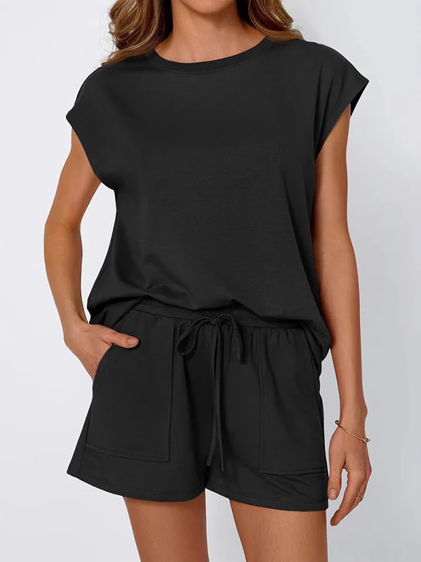 Loose Raglan Sleeve Solid Color Split-Joint Round-Neck T-Shirt + Drawstring Elasticity Shorts Two Pieces Set - Image 5