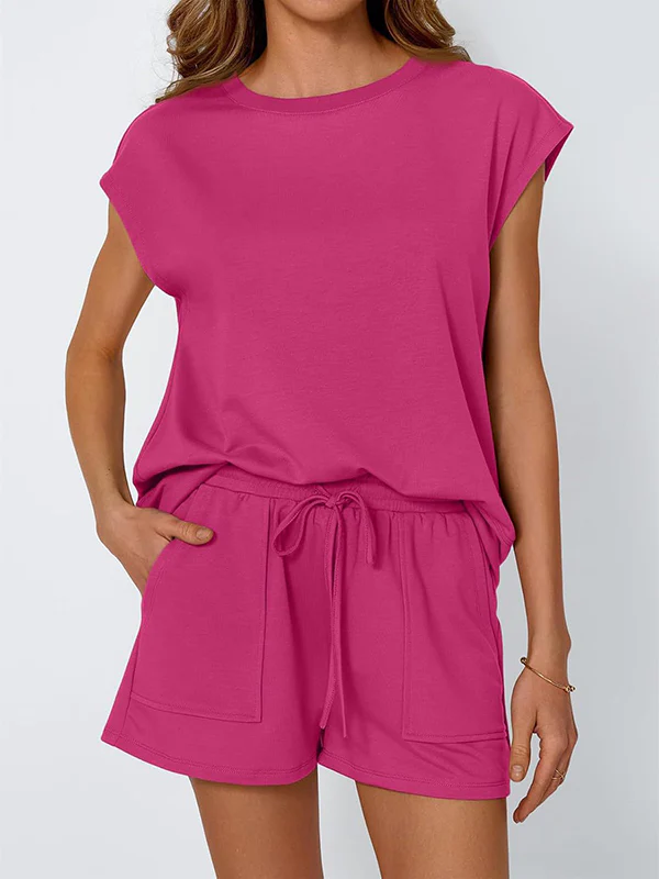 Loose Raglan Sleeve Solid Color Split-Joint Round-Neck T-Shirt + Drawstring Elasticity Shorts Two Pieces Set - Image 6