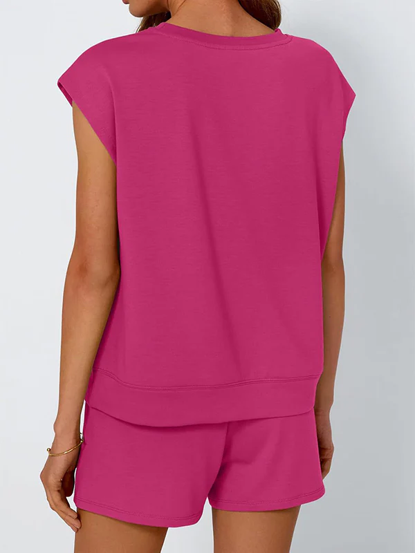 Loose Raglan Sleeve Solid Color Split-Joint Round-Neck T-Shirt + Drawstring Elasticity Shorts Two Pieces Set - Image 7