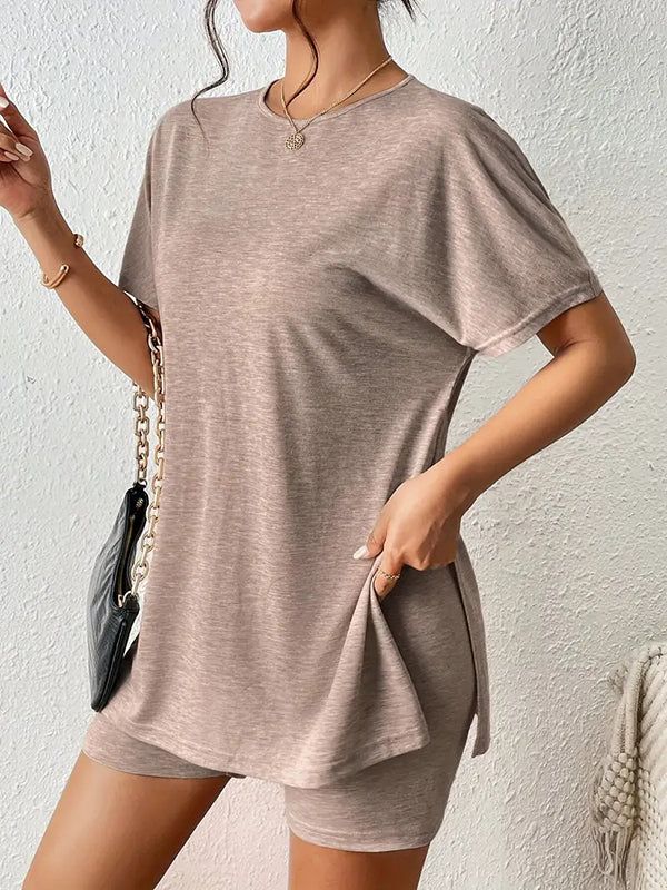 Loose Raglan Sleeve Solid Color Split-Joint Split-Side Round-Neck Pajama Sets - Image 3