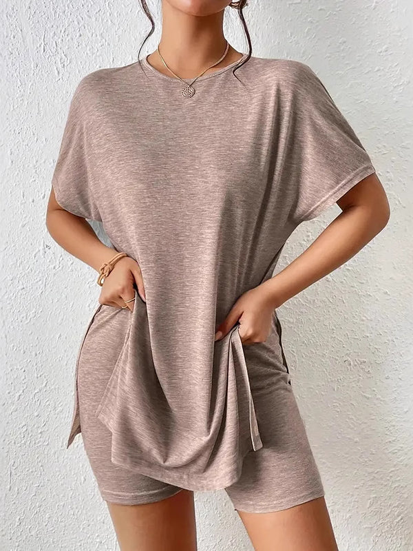 Loose Raglan Sleeve Solid Color Split-Joint Split-Side Round-Neck Pajama Sets - Image 4