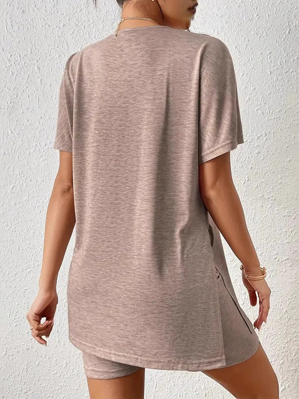 Loose Raglan Sleeve Solid Color Split-Joint Split-Side Round-Neck Pajama Sets - Image 5