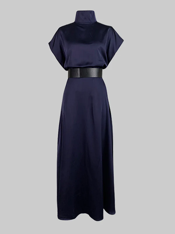 Loose Raglan Sleeve Solid Color Split-Joint Tied Waist High Neck Maxi Dresses - Image 4