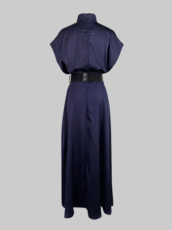 Loose Raglan Sleeve Solid Color Split-Joint Tied Waist High Neck Maxi Dresses - Image 5