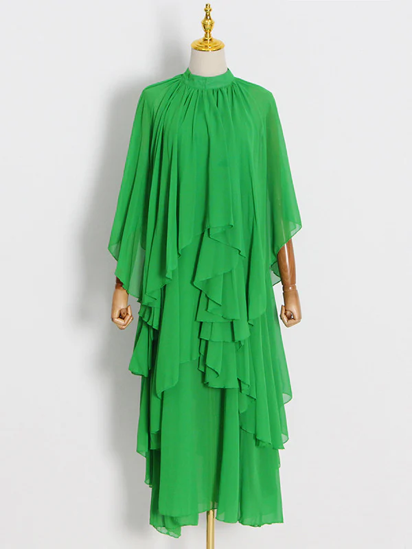 Loose Raglan Sleeve Solid Color Tiered Stand Collar Maxi Dresses - Image 3
