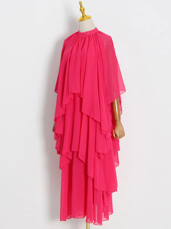 Loose Raglan Sleeve Solid Color Tiered Stand Collar Maxi Dresses - Image 4