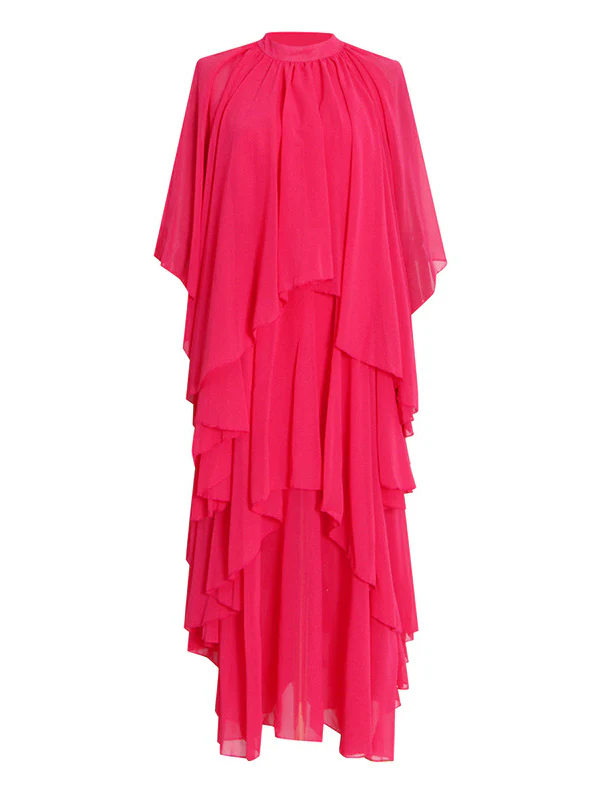 Loose Raglan Sleeve Solid Color Tiered Stand Collar Maxi Dresses - Image 5
