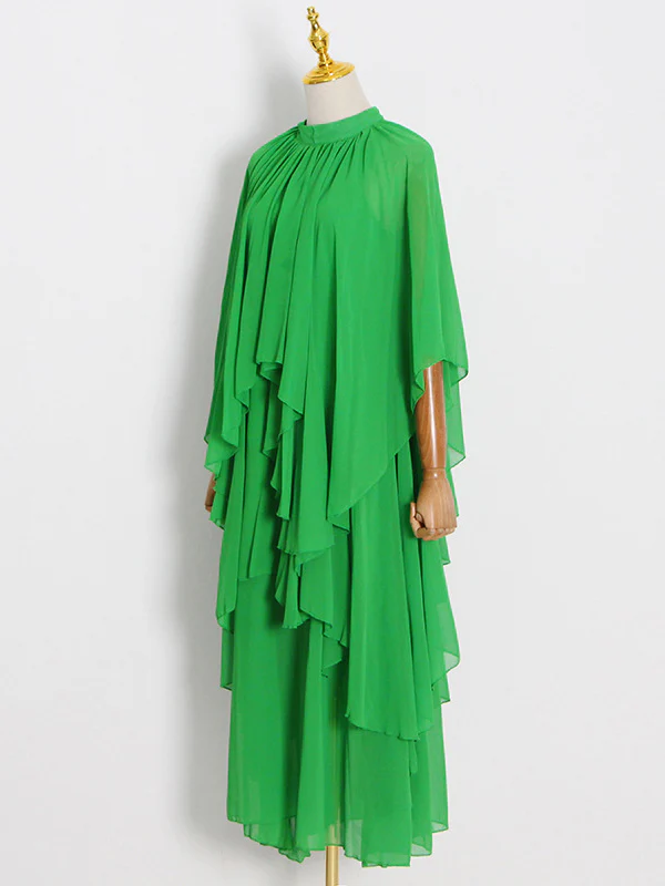 Loose Raglan Sleeve Solid Color Tiered Stand Collar Maxi Dresses - Image 6