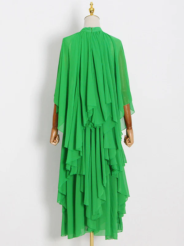 Loose Raglan Sleeve Solid Color Tiered Stand Collar Maxi Dresses - Image 7