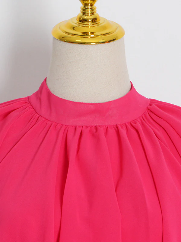 Loose Raglan Sleeve Solid Color Tiered Stand Collar Maxi Dresses - Image 8