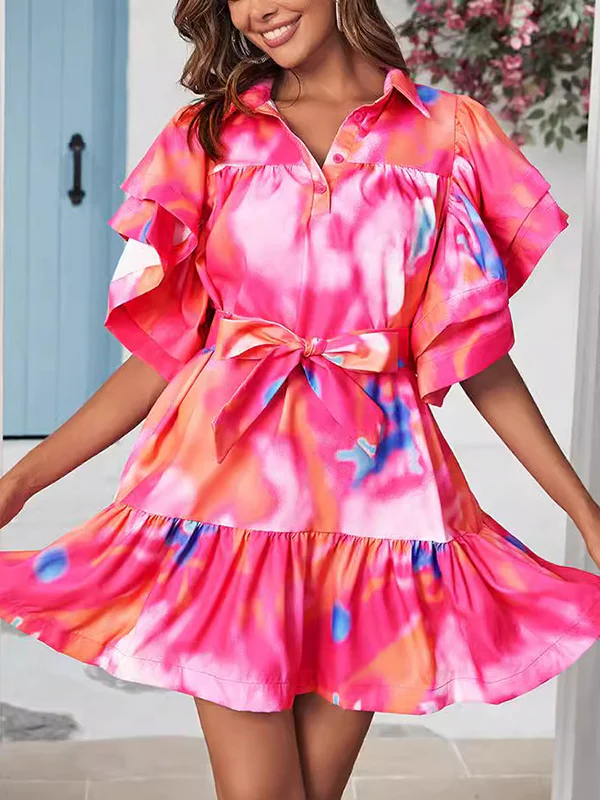 Loose Ruffle Sleeves Buttoned Leaves Print Split-Joint Tied Waist Tie-Dyed Lapel Mini Dresses - Image 2