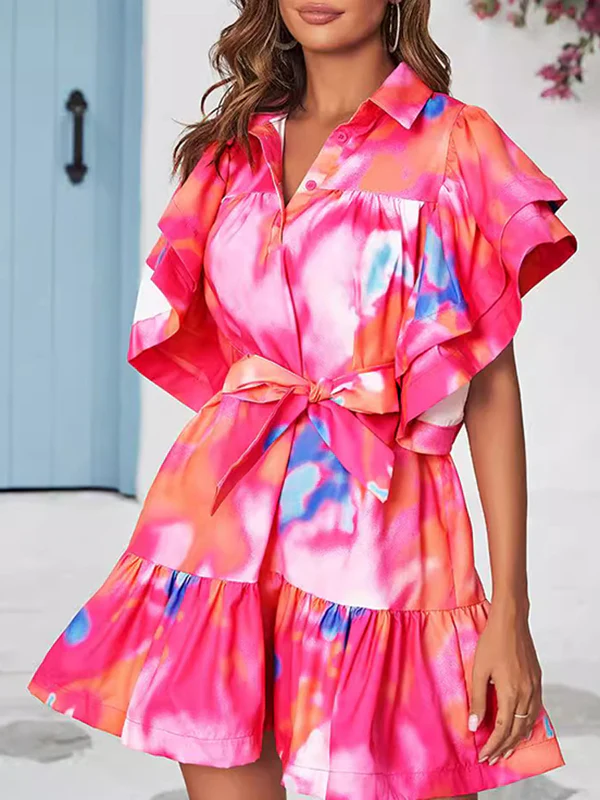 Loose Ruffle Sleeves Buttoned Leaves Print Split-Joint Tied Waist Tie-Dyed Lapel Mini Dresses - Image 3