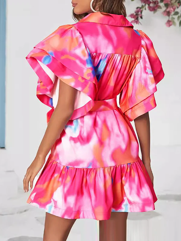 Loose Ruffle Sleeves Buttoned Leaves Print Split-Joint Tied Waist Tie-Dyed Lapel Mini Dresses - Image 4