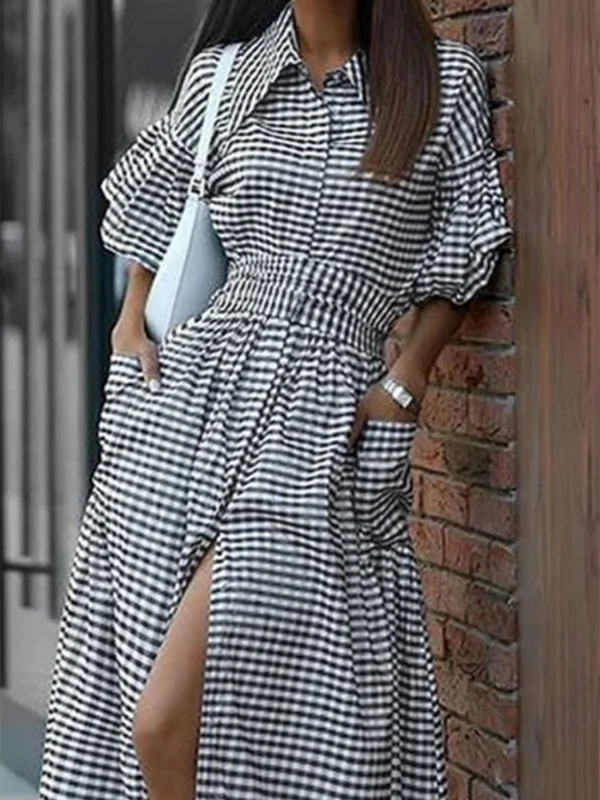 Loose Ruffle Sleeves Buttoned Plaid Pockets Lapel Maxi Dresses Shirt Dress - Image 3