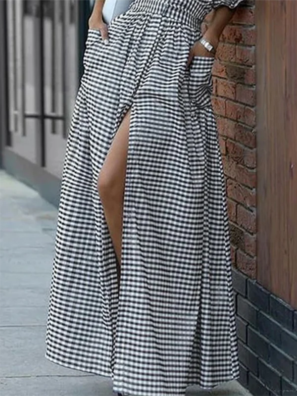 Loose Ruffle Sleeves Buttoned Plaid Pockets Lapel Maxi Dresses Shirt Dress - Image 4