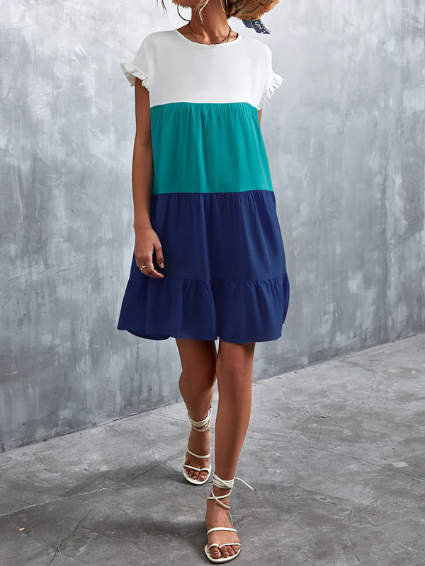 Loose Ruffle Sleeves Contrast Color Falbala Pleated Split-Joint Round-Neck Mini Dresses - Image 10