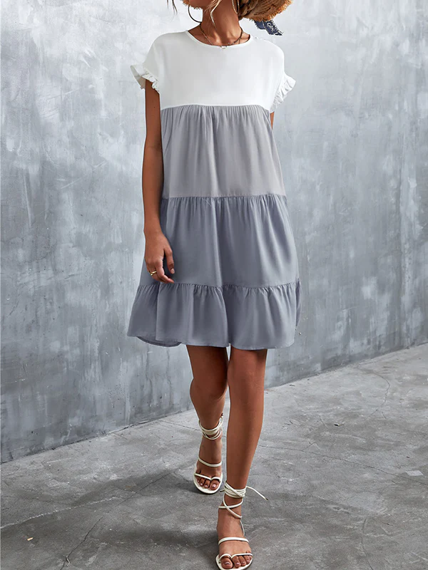 Loose Ruffle Sleeves Contrast Color Falbala Pleated Split-Joint Round-Neck Mini Dresses - Image 11
