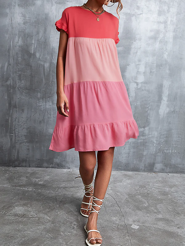 Loose Ruffle Sleeves Contrast Color Falbala Pleated Split-Joint Round-Neck Mini Dresses - Image 12