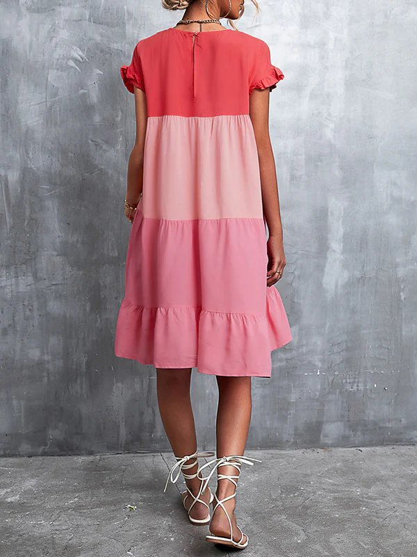 Loose Ruffle Sleeves Contrast Color Falbala Pleated Split-Joint Round-Neck Mini Dresses - Image 13