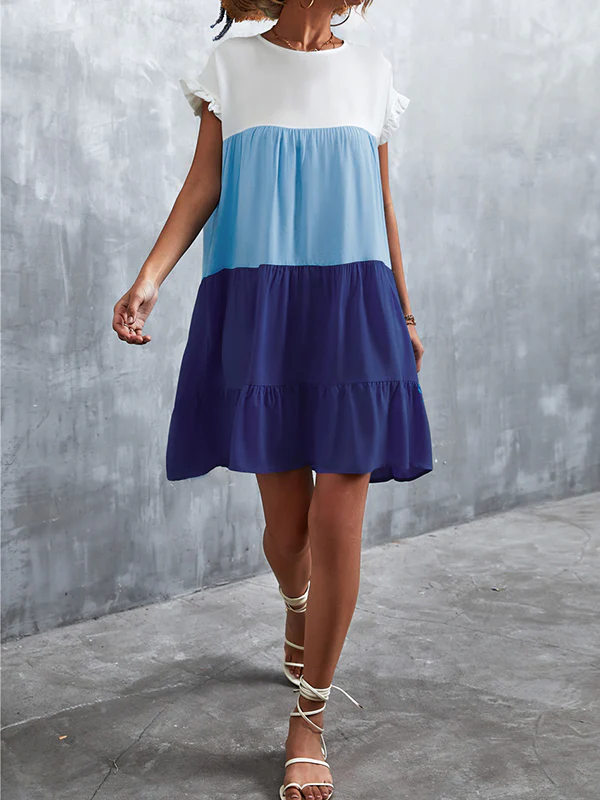 Loose Ruffle Sleeves Contrast Color Falbala Pleated Split-Joint Round-Neck Mini Dresses - Image 14