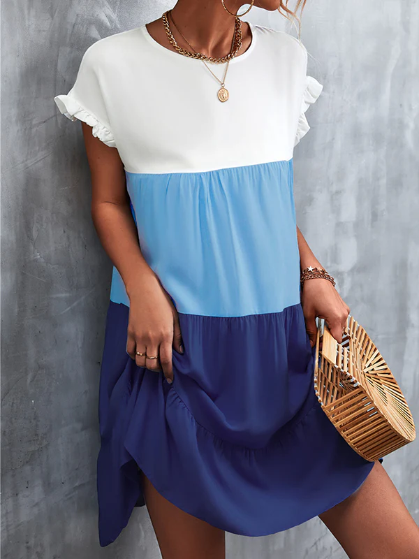Loose Ruffle Sleeves Contrast Color Falbala Pleated Split-Joint Round-Neck Mini Dresses - Image 15