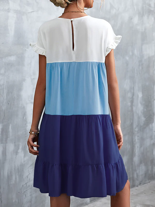 Loose Ruffle Sleeves Contrast Color Falbala Pleated Split-Joint Round-Neck Mini Dresses - Image 16