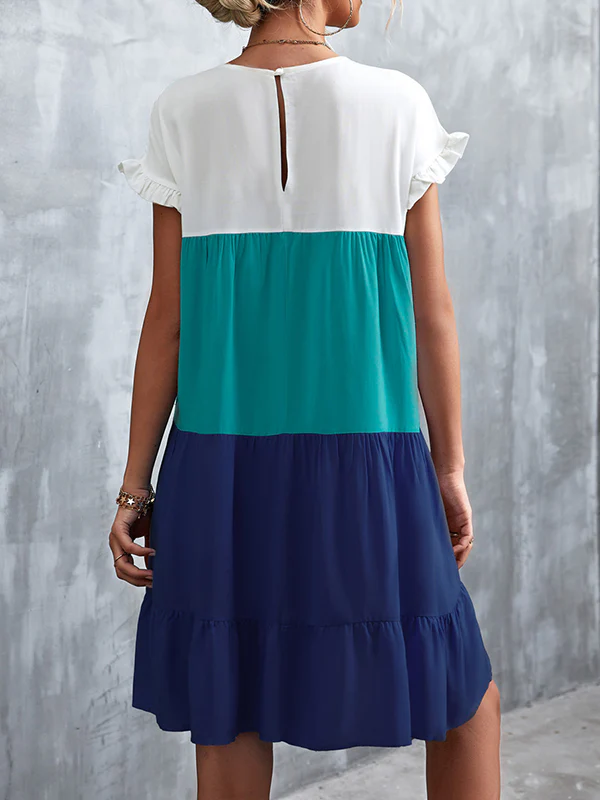 Loose Ruffle Sleeves Contrast Color Falbala Pleated Split-Joint Round-Neck Mini Dresses - Image 17