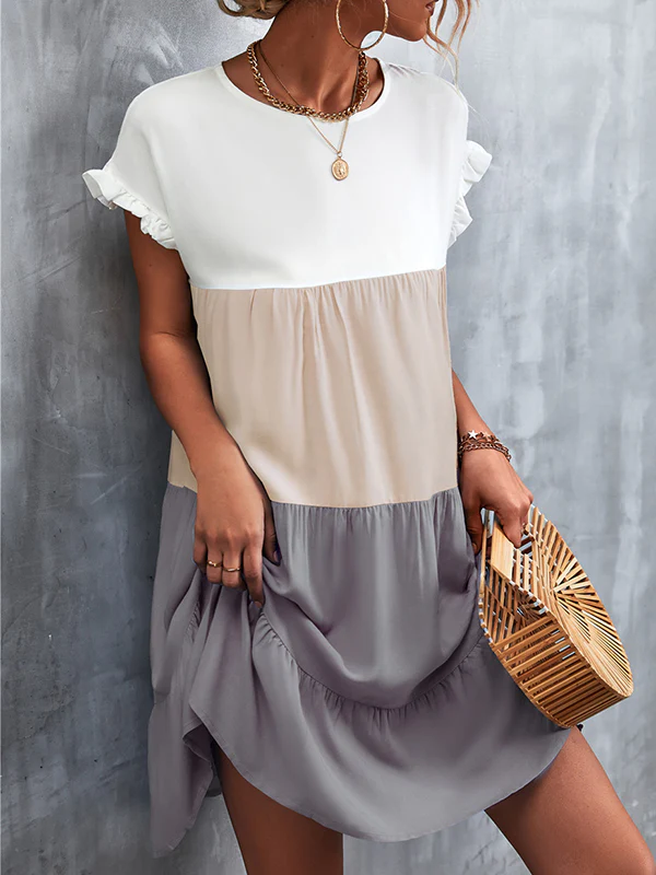 Loose Ruffle Sleeves Contrast Color Falbala Pleated Split-Joint Round-Neck Mini Dresses - Image 18