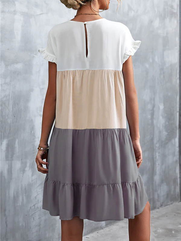 Loose Ruffle Sleeves Contrast Color Falbala Pleated Split-Joint Round-Neck Mini Dresses - Image 19