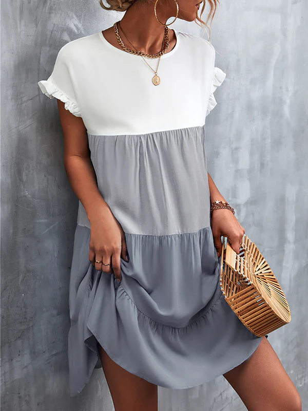Loose Ruffle Sleeves Contrast Color Falbala Pleated Split-Joint Round-Neck Mini Dresses - Image 20